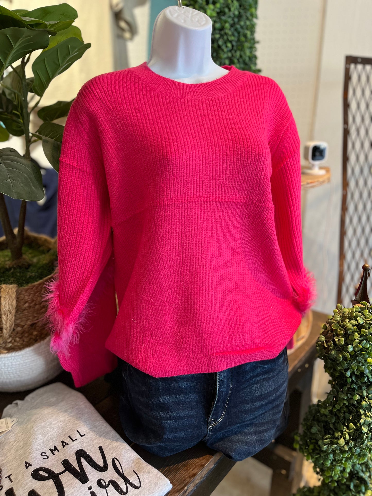 Hot Pink Knit Feather Sweater