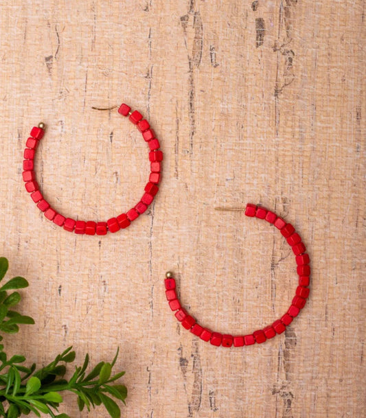 Cherry Red beaded hoop earrings